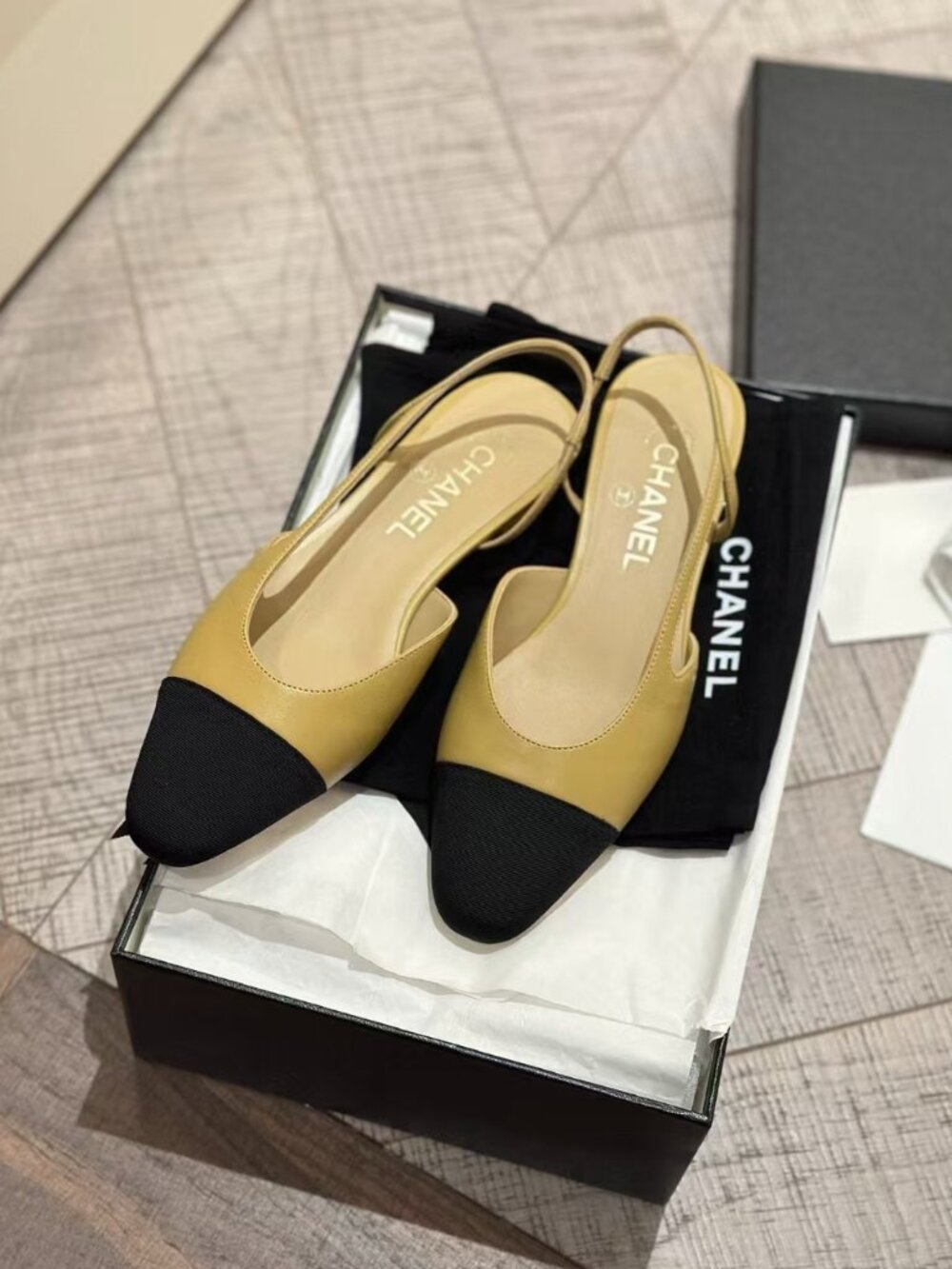Chanel Two-Tone Leather Slip On Cap Toe Slingback Flats